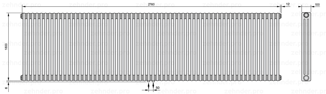 Схема (чертеж) Радиатор Zehnder Charleston 3180/60 №3470 Белый глянцевый RAL 9016